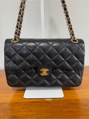 Black Quilted Shoulder Bag with Gold Chain